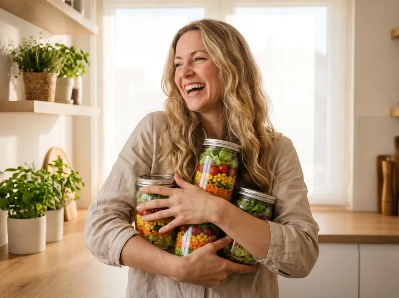 Una donna felice che abbraccia i suoi barattoli di insalata in cucina