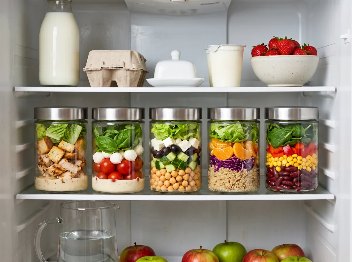 El refrigerador con cinco frascos de ensaladas distintas